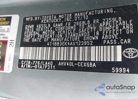 2010 Toyota Camry Hybrid from USA, damaged, VIN 4T1BB3EK4AU123952